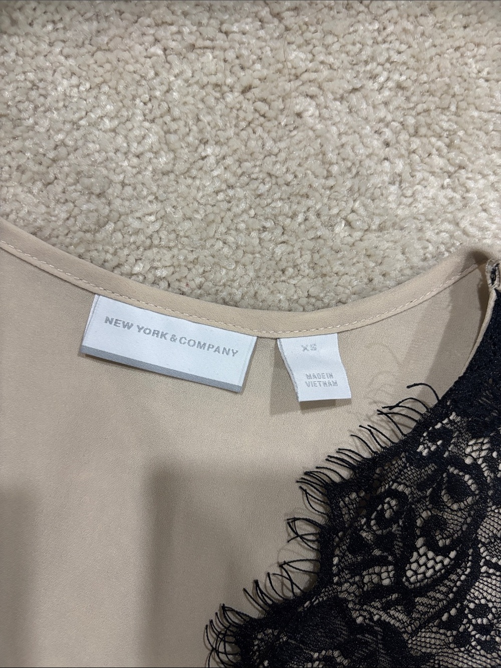 New York & Co. Lace Trim V-Neck Blouse in Cream and Black with bell sleeves - Picture 2 of 6